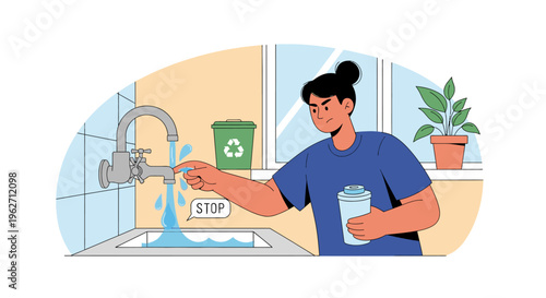 A woman turning off a kitchen faucet with one hand while holding a jar in the other, with a recycling bin and plant on the countertop behind her in a modern kitchen.