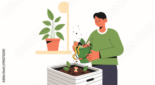 A man in a green sweater watering a plant in a white planter box with another plant on a shelf in the background.