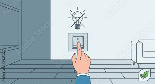 Hand flipping a light switch with an eco-friendly symbol nearby in a modern room with a minimalist aesthetic.