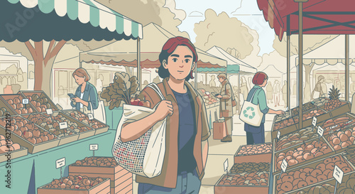 Young woman shopping at an outdoor farmers market with various produce on display and a casual atmosphere.