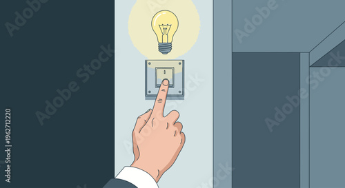 A hand in a business suit turning on a light switch with a lit lightbulb icon on the wall in an office setting.