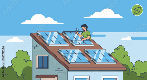 A man installing solar panels on the roof of a house with a suburban background and a blue sky with clouds.