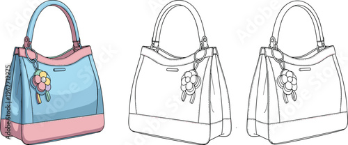 Fashionable handbag with floral charm, presented in full color and outline versions for design flexibility.