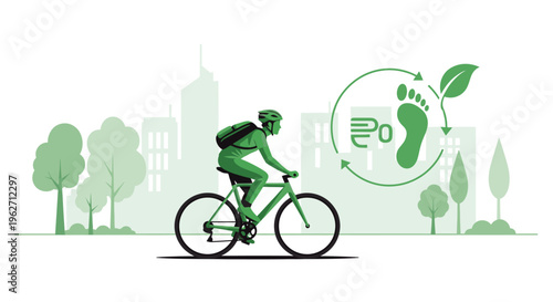 Illustration of a cyclist riding a bike with a green cityscape and eco-friendly footprint symbol in the background.
