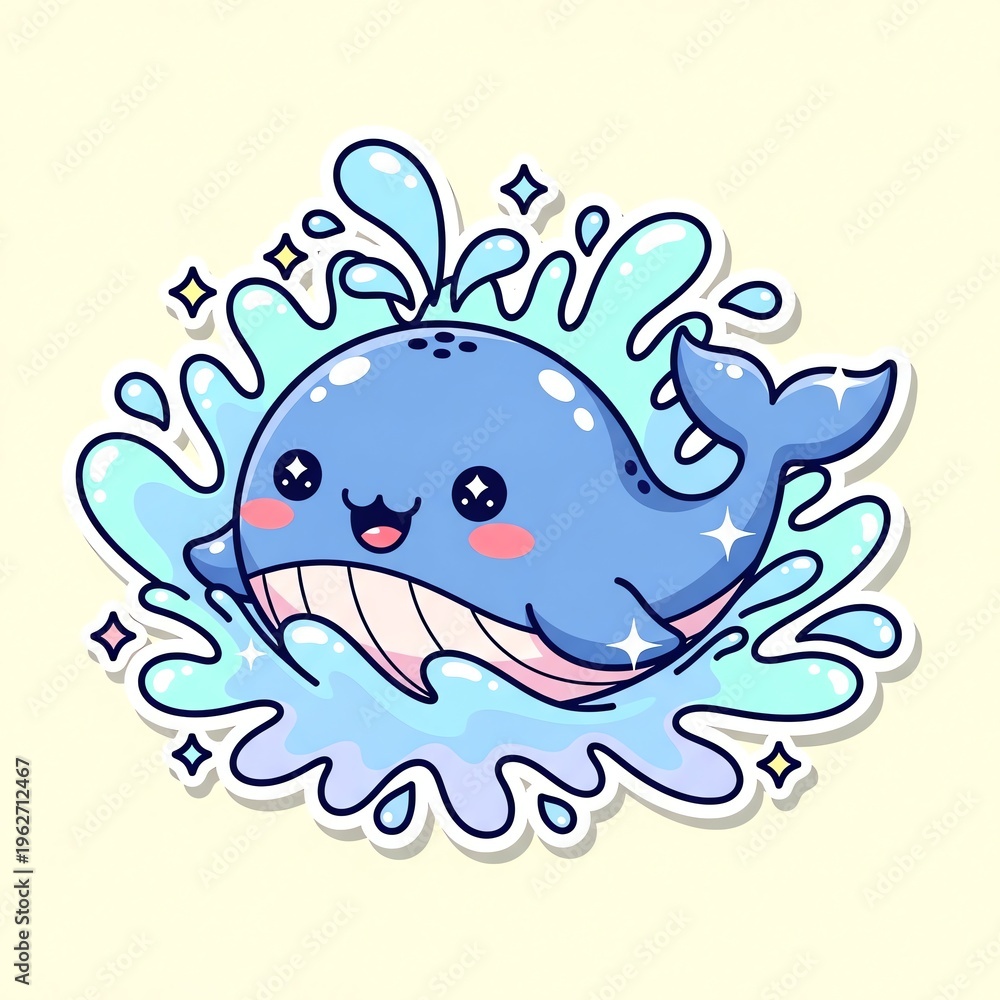 Fototapeta premium Cute Kawaii Blue Whale Jumping in Water Splash.