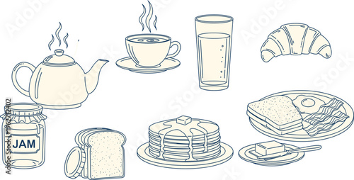 Breakfast food and drinks illustration with jam and coffee.