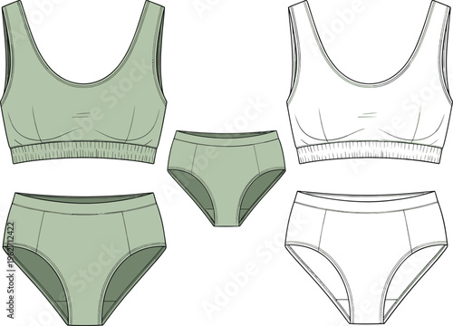 Set of lingerie pieces, two bras and two panties, one set is green and other is white, line art.