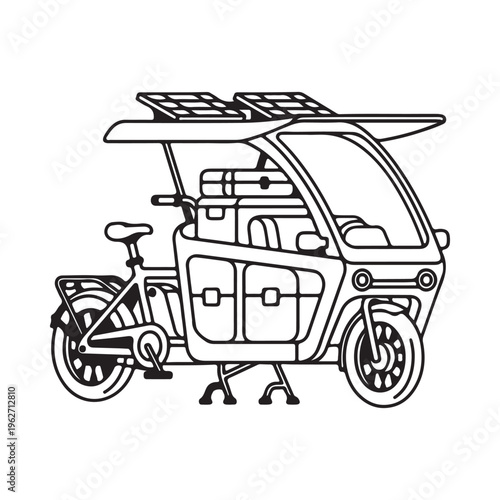 Black and white line drawing of electric trike with solar panel on roof for eco friendly transportation solutions