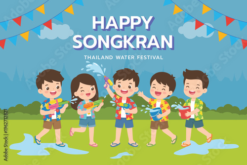 Happy Songkran Festival in Thailand illustration featuring cute cartoon children playing with water guns and celebrating Thai New Year. Colorful festive scene with water splashes, floral shirts, and j