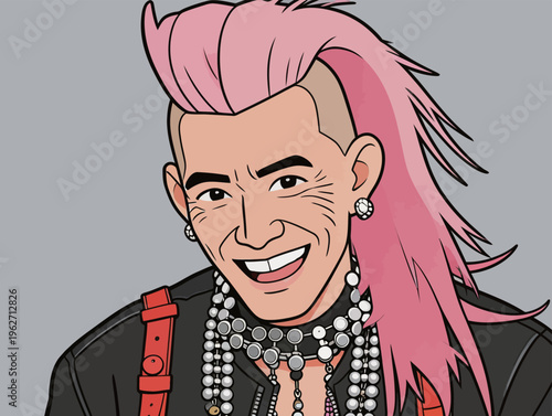 Character with pink mohawk hairstyle smiles while wearing jewelry and leather clothing in a cartoon-style design