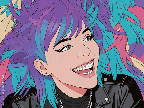 Woman with colorful hair smiles and enjoys time with vibrant background colors during a casual moment