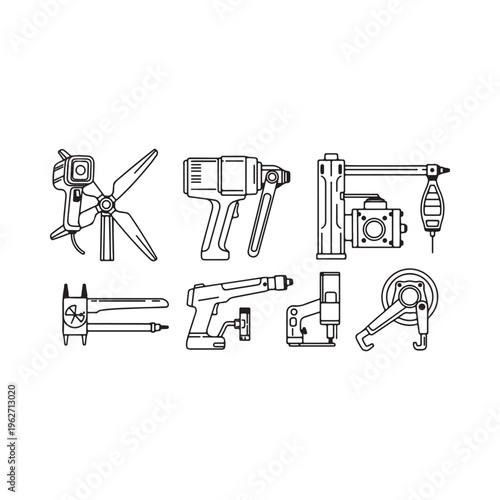 Collection of line drawings of various hand tools for drilling cutting and fastening materials  used for DIY projects and construction work