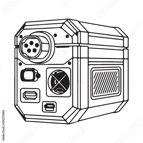 Detailed illustration of a futuristic scifi electronic device with various buttons and ports on its surface  closeup view