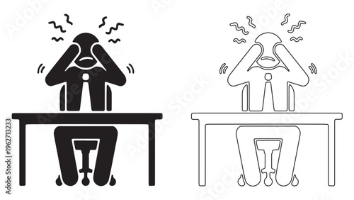 Stressed businessman sitting at office desk holding head in hands, burnout and mental health concept, flat vector icon.