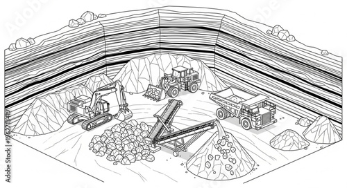 Isometric construction site with excavation machinery and equipment.