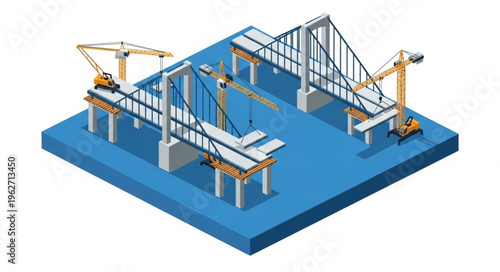 Isometric Bridge Construction Site With Tower Cranes.