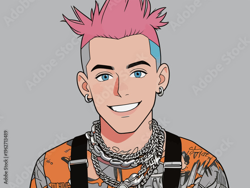 Young man with pink hair and tattoos smiles against a gray background with a casual outfit and accessories