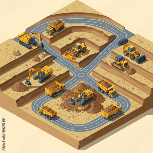 Isometric Construction Site with Heavy Machinery and Earthworks.