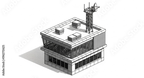 Isometric Building with Antenna Tower Illustration in Black and White.
