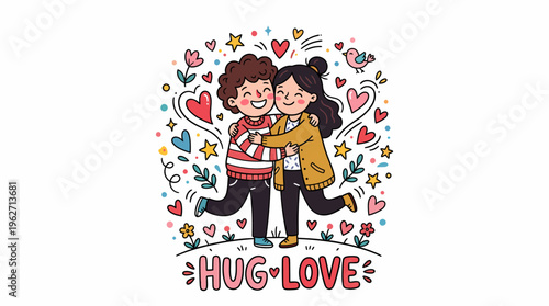 Couple Hugging with Hearts and Flowers - Love and Affection