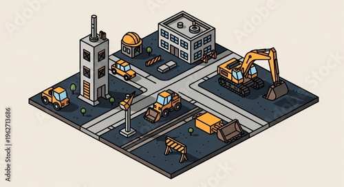 Isometric Construction Site With Excavator Crane And Equipment.