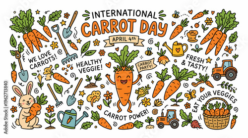International Carrot Day Doodle Art: Carrot, Rabbit, Tractor, Gardening