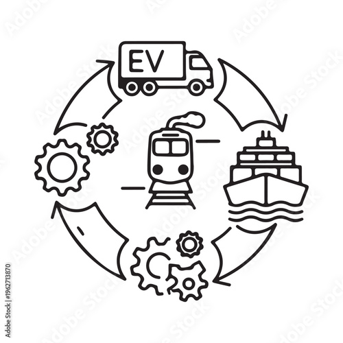 Electric vehicle transportation network with truck train and ship icons connected in a cycle with gear symbols for infrastructure and technology  ecofriendly logistics and supply chain management