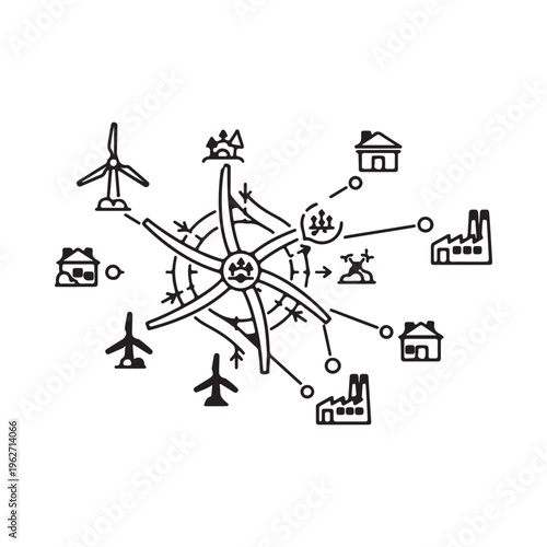 Energy sources and consumption network with renewable and nonrenewable power plants and industrial icons  global energy flow