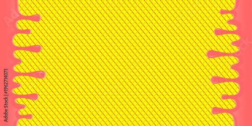 Wavy syrup illustration. Dripping candy illustration background. Pink ice cream drip illustration. Fast food caramel drip illustration. Hand-drawn milk drip on waffle background.