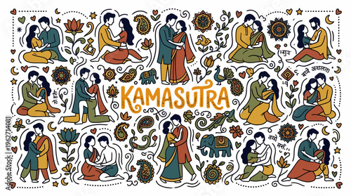 Kamasutra Poses: Romantic Couples, Indian Motifs, Love Illustrations