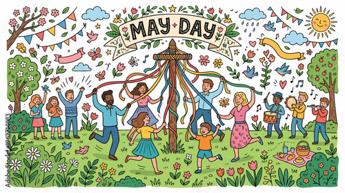 May Day Celebration: People Dancing Around Maypole, Spring Festival