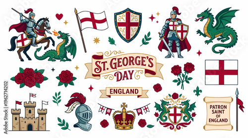 St. George's Day England: Knights, Dragon, Castle, Crown, Flag