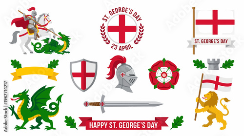 St. George's Day Icons: Knight, Dragon, Flag, Rose