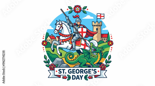 St. George's Day knight on horse fighting dragon illustration