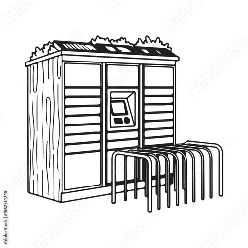 Illustration of a vending machine with rows of bikes in front of it on white background