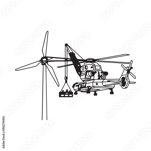 Helicopter lifting wind turbine blade with hook and sling for installation  renewable energy infrastructure construction