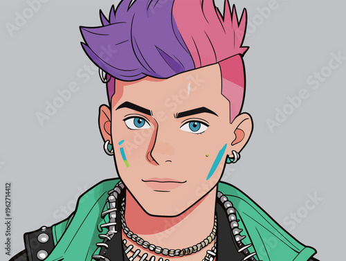 Young man with colorful hair looking at the viewer in a casual, modern style with a gray background and wearing a jacket