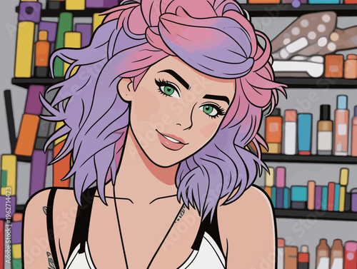 Woman with colorful hair poses in a beauty store surrounded by skincare and makeup products on shelves