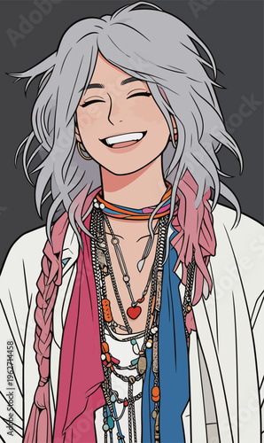 Young person with colorful hair and accessories smiles widely in a casual setting against a dark background