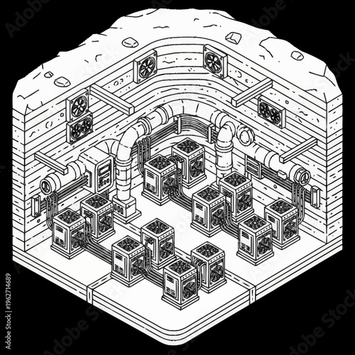 Isometric illustration of a hidden underground cultivation facility with ventilation and lighting systems.