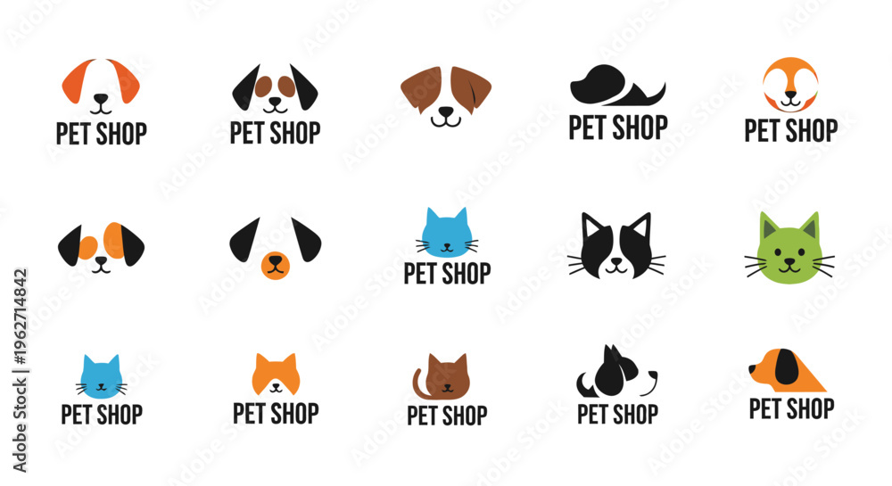 Fototapeta premium Set of minimalist pet shop logo designs featuring cat and dog icon templates