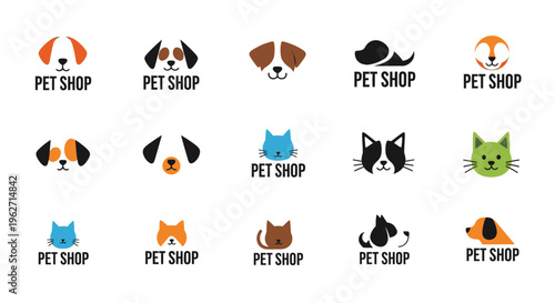Set of minimalist pet shop logo designs featuring cat and dog icon templates
