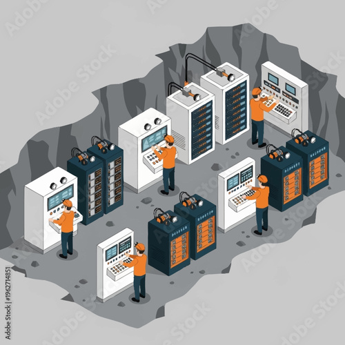 Workers operating complex machinery in an underground industrial facility, representing mining or data center operations.