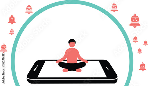 Sureal Flat Vector Illustration of Person Meditating on Smartphone with Protective Shield from Digital Notifications and Attention Economy Trap for Mental Health Awareness