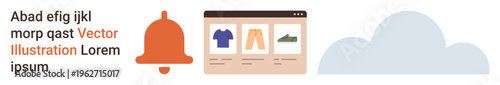 Online shopping, notifications, digital commerce, user interface design, cloud technology, web updates. A bell icon, online shopping window and cloud graphic. Notifications and e-commerce concept