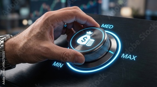 A persons hand turns a glowing blue financial control knob to maximize earnings on a sleek modern panel with charts in the background