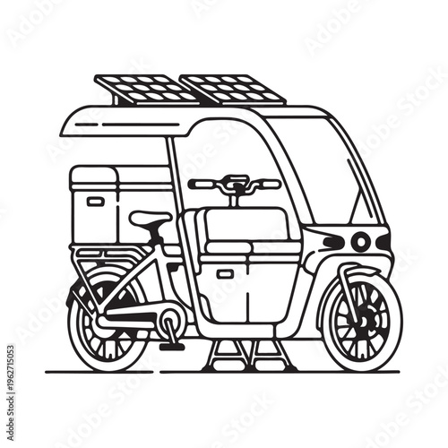 Solar powered electric three wheeler with cargo carrier and roof mounted solar panels for sustainable transportation solutions