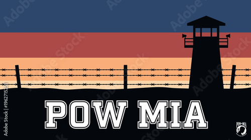 Flat vector illustration of a barbed wire silhouette against a sunset sky with American flag colors for POW MIA remembrance