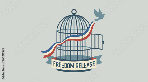 Conceptual vector of an open birdcage with a red white and blue ribbon symbolizing freedom and prisoner release