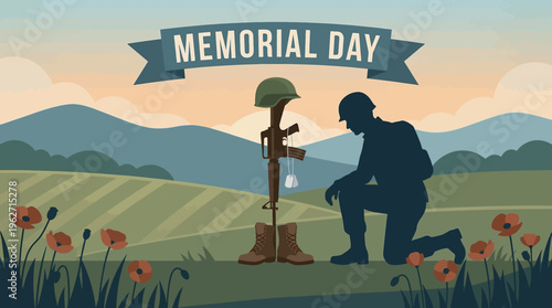 Detailed flat design of a soldier silhouette kneeling before a battlefield cross and dog tags for memorial day